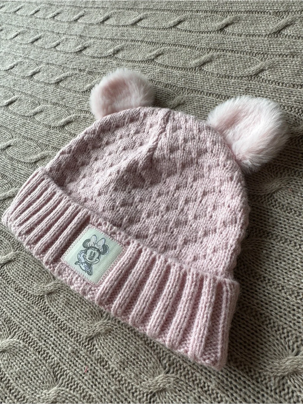 EUC Disney Junior Pom-Pom Beanie and Mittens Set, Pink Knit Minnie Mouse, 2T
